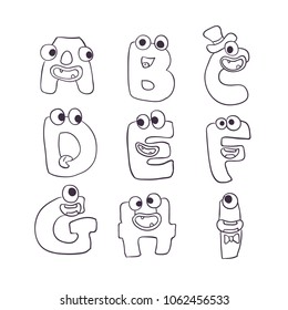cute vector ink set of doodled letters with monsters isolated on white