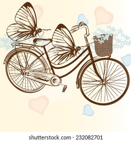 Cute vector invitation with bicycle and flowers