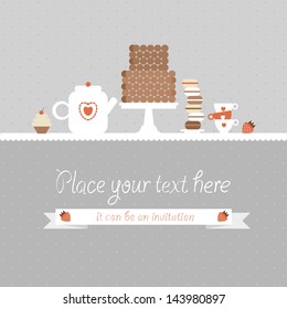 Cute vector invitation with cakes, sweets, teapot and cups. Background