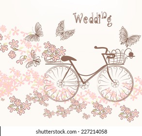 Cute vector invitation with fake bicycle and flowers