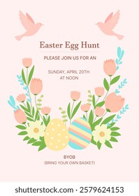 Cute vector invitation poster for Easter egg hunt. Spring flowers and Easter eggs. A template for decorating holiday flyers and banners.