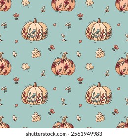 cute vector iseamless pattern of pumpkins with flowers and berries. art for print, fall cards, Thanksgiving holiday