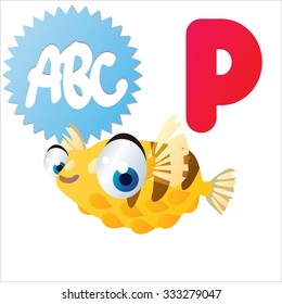 Cute vector isolated animals Alphabet: P  is for Porcupine fish