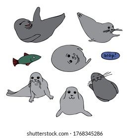 Cuto vector diseño aislado colorido ilustración de focas de dibujos animados con peces en diferentes poses. El diseño es perfecto para pegatinas, insignias, logos, ilustraciones, personajes, decoraciones, juguetes.