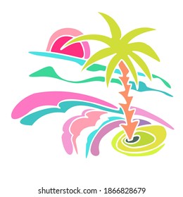 Cuto vector, diseño aislado del paisaje de la isla balnearia con una palma al atardecer. Ilustración alineada sobre fondo blanco. Perfecto para tarjetas, postales, anuncios, pegatinas, insignias.
