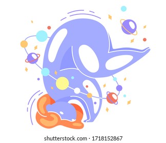 Cute vector isolated illustration fat space girl stands on hands and head. Yoga, exercise on balance and concentration, inverted pose. World Yoga Day. Body positive, health care, self-love. Cosmos.