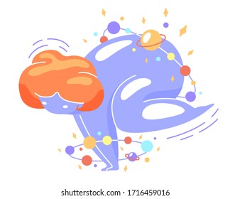 Cute vector isolated illustration space girl doing yoga exercise. Handstand, balance, meditating crane pose. World Yoga Day. Body positive, health care, self-love, self-acceptance.