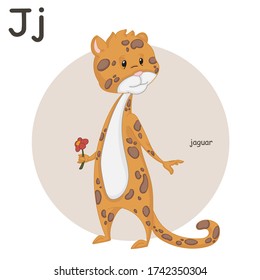 
Cute vector jaguar with a flower in his hands. Big cat Letter  J
