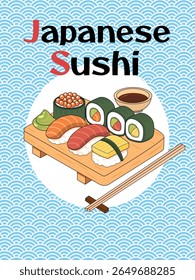 Cute vector of Japanese sushi set on wooden tray. Includes nigiri, maki, gunkan, soy sauce, wasabi, and chopsticks. Perfect for menus, stickers, posters, and Japanese food designs.
