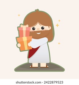 Cute vector Jesus Christ holding gifts and feeling happy