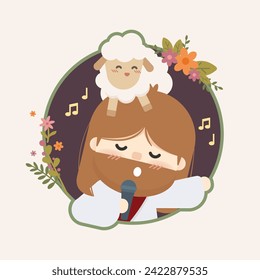 Cute vector Jesus Christ singing with a lamb enjoying the show