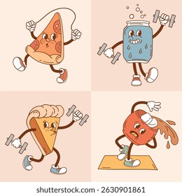Cute vector junk food characters. Hand drawn sport and game illustration. Perfect for sticker, tee shirt logo, greeting card, poster or nursery print design. EPS 10 vector file.