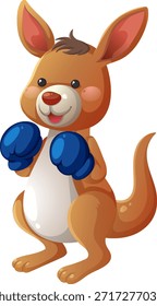 Cute vector kangaroo with blue boxing gloves, cheerful expression, bright colors, white background