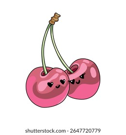 Par de cereja kawaii vetor bonito com rostos felizes e olhos do coração. Personagens de fruta rosa divertidos em um tronco. Ilustração vetorial para adesivos, impressões infantis e embalagens.