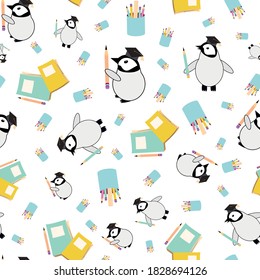 Cute vector Kawaii penguin chicks with scholar hats,pencils, notebooks on white backdrop. Scattered cartoon emperor baby seamless pattern background. Fun all over print for education, school concept