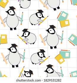 Cute vector Kawaii penguin chicks with scholar hats,pencils, notebooks on white backdrop. Scattered cartoon emperor baby seamless pattern background with notebook grid texture. Fun all over print