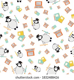 Cute vector Kawaii penguin chicks with scholar hats,pencils, notebooks, laptops on white backdrop. Cartoon emperor baby seamless pattern background. Fun all over print for learning, school concept