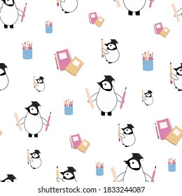 Cute vector Kawaii penguin chicks with scholar hats,pencils, notebooks on white backdrop. Scattered cartoon emperor baby seamless pattern background. Fun all over print for learning, school concept