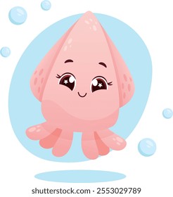 Cute vector kawaii squid illustration for kids