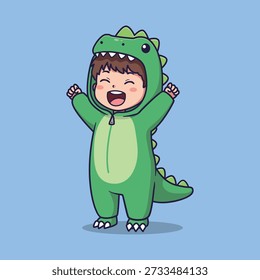 Cute Vector Kid in Dinosaur Costume Cartoon Children Illustration