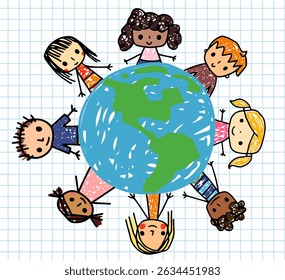 Cute vector kids around a drawing of the Earth, Doodle stick figures - boys and girls with different skin tones for Children's Day or Earth Day 