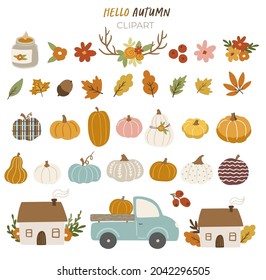 Cute vector kids clipart illustration in modern scandinavian style. Autumn Fall clipart set, pumpkin, house, cottage, candle, fall leaves, truck