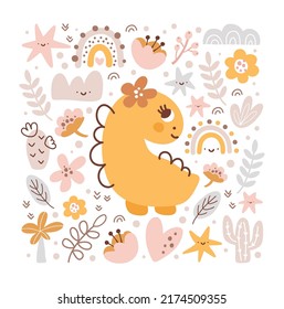Cute vector kids composition Dino Girl Greeting card landscape with dinosaur, rainbow, palm, plants, flowers and stars. Cartoon Princess baby Scandinavian illustration. For children party.