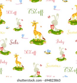 Cute vector kids design can be used for invitation card, banner. Seamless cute pattern with giraffe, bunny, flowers