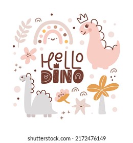 Cute vector kids Greeting card with dinosaur with crown and baby text Hello Dino. Cartoon dino Princess girl Scandinavian style illustration. Star, dots flower, rainbow. For children party.