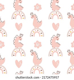 Cute vector kids Princess girl seamless pattern with hand drawn dino, flower and rainbow. Creative childish illustration background for fabric, textile.