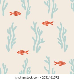 Cute vector kids seamless pattern with fishes and corals-seaweed. Blue and orange colors perfect for ocean and marine themed projects.  Matching patterns available.