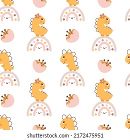 Cute vector kids seamless pattern with hand drawn girl dino, flower and rainbow. Creative childish background illustration for fabric, textile.