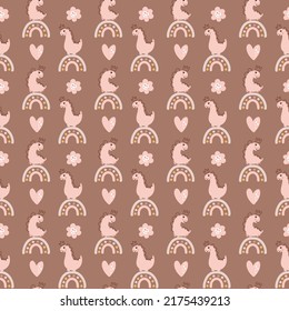Cute vector kids seamless pattern with hand drawn girl dino, flower, heart and rainbow on brown background. Creative childish illustration for fabric, textile.