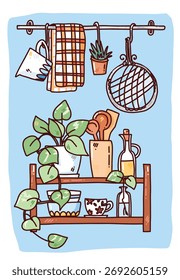 prateleiras de cozinha vetor bonito, cartão com cartão de utensílios de cozinha desenhado à mão