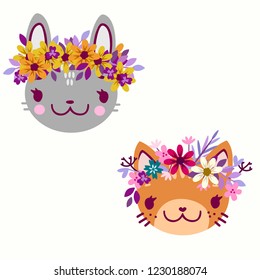 cute vector kitten and bunny heads in flower wreaths soft colors
