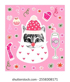 Cute vector kitty with beard with hearts, mustache and a Santa hat on pink Christmas background