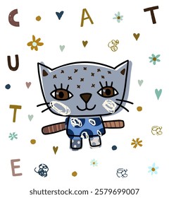 Cute vector kitty in blue, grey and brown colors, Kawaii cat for kids and baby graphic design, greeting card and invitations