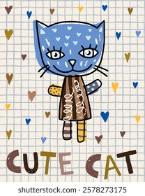 Cute vector kitty in blue, yellow and brown colors, Cute animal cat illustration for kids and baby designs