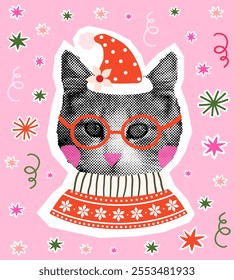 Cute vector kitty face with a hat and a sweater, Fun Christmas and winter designs for posters and greeting cards