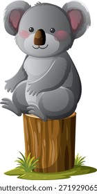 Cute vector koala illustration in cartoon style, sitting on wooden stump with soft shading