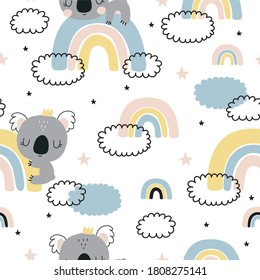 Cute vector Koala with rainbow seamless pattern 