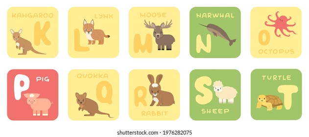 Cute vector K-T zoo alphabet isolated education cards with cartoon animals. Kangaroo, lynx, moose, narwhal, octopus, pig, quokka, rabbit, sheep, turtle, flat style