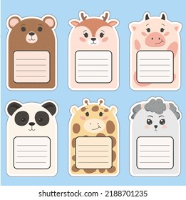 Cute vector labels with bear, deer, cow, panda, giraffe, sheep for school and kindergarten