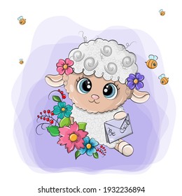 Cute vector lamb with a letter and flowers in its paws. The illustration of the animal is made on a purple background. The animal is very funny and smiles sweetly.