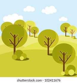 Cute vector landscape with trees, sky with clouds in minimalism style