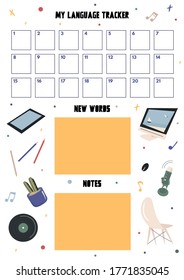 Cute vector language tracker with 3 weeks grid and place for notes. A tracker with office supplies and home furnishings. Nice vector flat illustration in cartoon style. Planner for learning a language