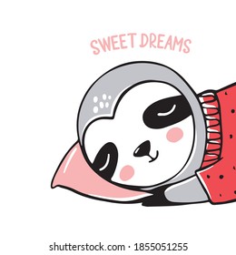 Cute vector lazy sloth bear sleeping. Doodle, sketch style. The best Christmas ever lettering. Greeting card with Animals, funny character. Sweet dreams.