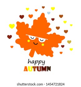  Cute vector leaf autumn art for greeting card, poster, banner, invitation. Kawaii