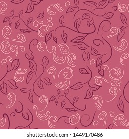 Cute vector leaf seamless pattern. Abstract print with doodle leaves. Elegant beautiful nature ornament for fabric, wrapping and textile. Scrapbook pink paper