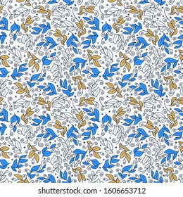Cute vector leaf seamless vector pattern. Abstract print with leaves. Elegant beautiful nature ornament for fabric, wrapping and textile. Blue, gold and white color doodle leaf pattern.